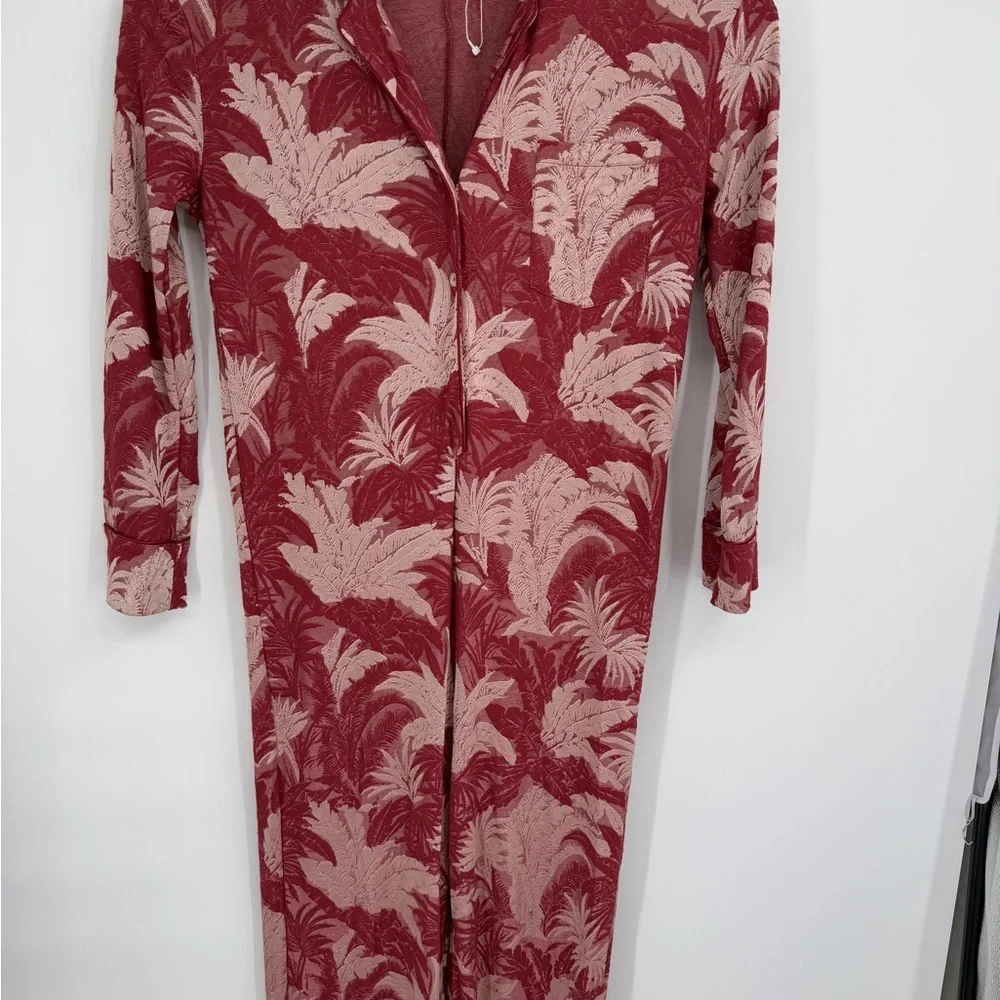 Zara Floral Jacquard Jumpsuit Pink‎ Red Long Sleeve Women's M